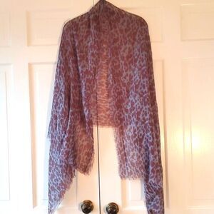 LEOPARD ANIMAL PRINT BLUE BROWN SCARF WRAP FALL SHEER FRINGE 29" by 70